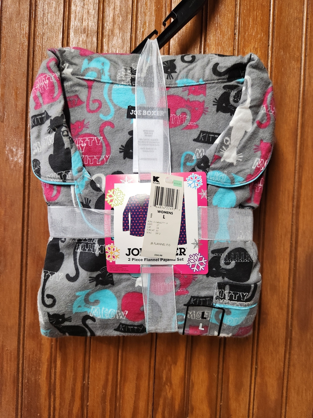 Joe Boxer Gray Flannel Pajama Set with Pink & Teal Cat Print